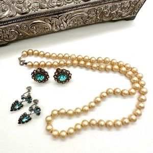 Vintage Deco Blue Earrings & Pearl Necklace